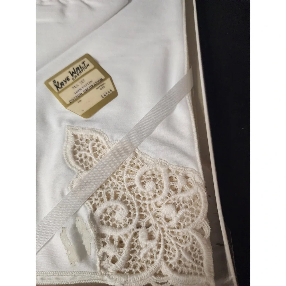 Vintage Kaye Walt Creation White Cotton Tea Set Lace Trim Tablecloth Napkins NOS